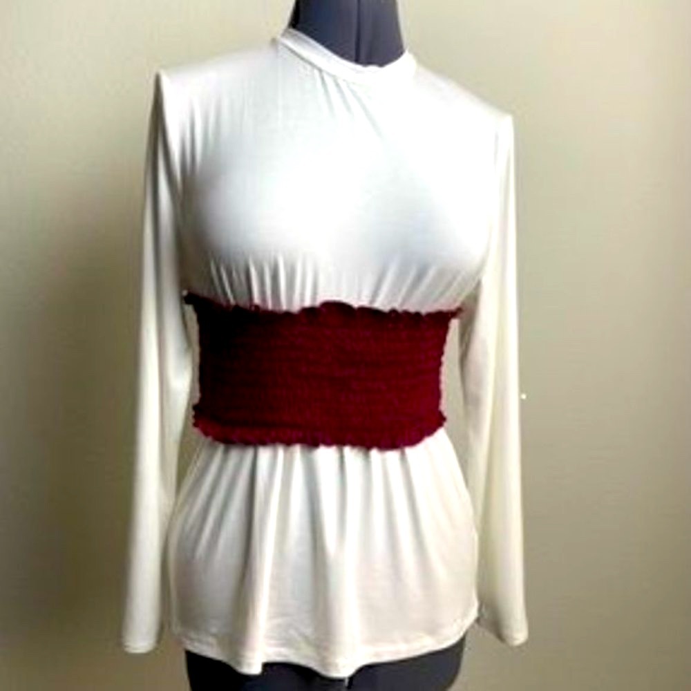 SIMLU Ruffle Lace Burgundy/Cream Long Sleeve Tee XL